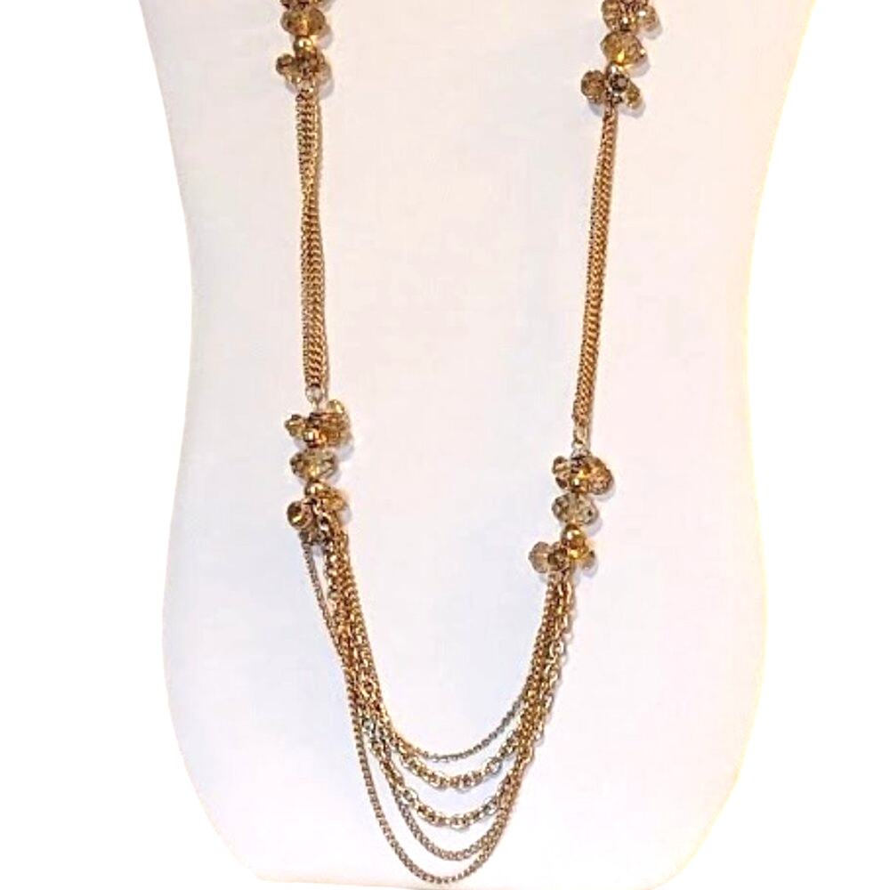 Champagne Crystal Cluster Gold Tone Multi-Chain Long Necklace